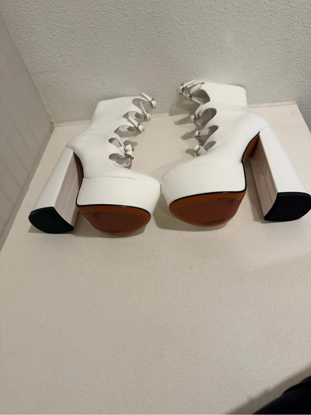 White Platform Ankle Boots with Scalloped Buckle Straps
